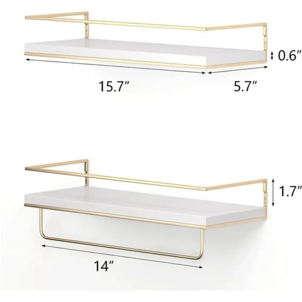 White Floating Shelves - Set of 2 Wall Mounted Hanging Shelves Golden Towel Rack
